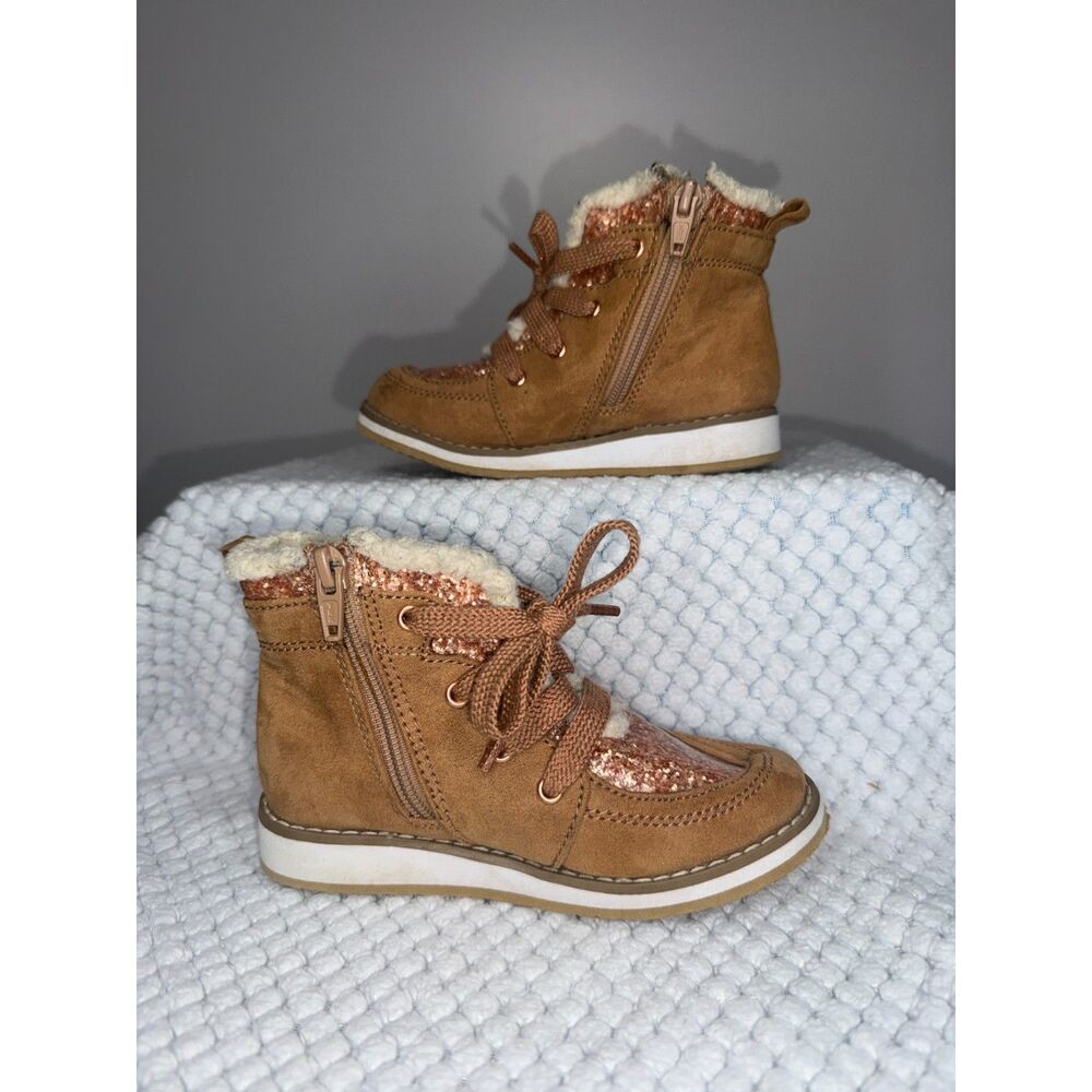 Baby Gap Toddler Girl Winter Boots Brown & Rose Gold Glitter Size 9
